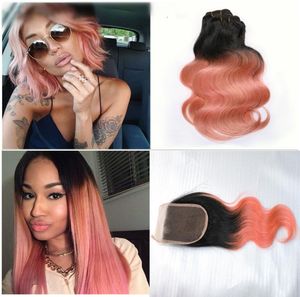 Nowy przybycie ciemne korzenie różowe złoto fala ciała ombre ludzkie włosy z zamknięciem 1b Rose Gold Hair Weft z zamknięciem 4x4 4pclot2225099