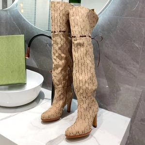 Mulheres sobre o joelho bota intertravamento lona zíper botas de salto alto qualidade superior couro genuíno impresso rendas sapatos tamanho 35-43 1.25 06