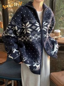 한국의 빈티지 프린트 니트 가디건 여성 우아한 스탠드 코리퍼 지퍼 긴 소매 스웨터 봄 레이디 크리스마스 겉옷 240219