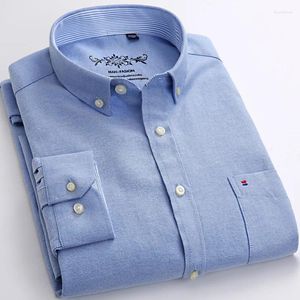 Herrklänningskjortor Spring Autumn Thick Oxford Spinning Blue Long Sleeved Shirt Youth Middle Aged Business No Iron Loose Outdoor