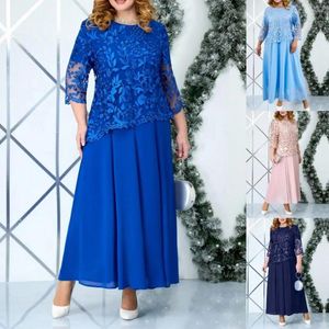 Abiti casual Abito lungo taglie forti Elegante maxi con dettagli in pizzo ricamato a fiori per donna Manica a tre quarti O collo