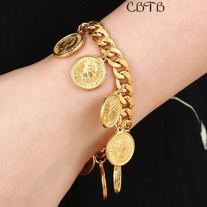 High Quality Stainless Steel Gold Color Thick Chain Bracelet Bangles Round Portrait Coin Carved Queen Avatar Pendant Jewelry 240219