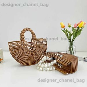 Shoulder Bags High Quality Handmade Bamboo Handbag Pearl Handle Design Women Hollow Out Beach Bag Summer Vacation Woven Str Bag Female Bag T240301