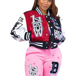 Womens Baseball Jacket Positioning Printed Double Layer Threaded Lining Button Coat