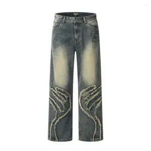 Men's Jeans High Street Bleached Man Straight Loose Spliced Full Length Denim Wide Leg Pants