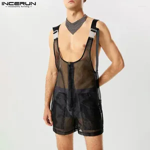 Mäns shorts män rompers sexiga lösa mesh lapptäcken ärmlös transparent manliga jumpsuits streetwear 2024 fickor avslappnade overall inceruns