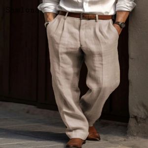 Calças samlona 2023 homens casuais calças de linho reto sólido cáqui branco suporte bolso calças plus size masculino elegante moda sweatpants