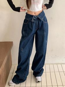 Damen Jeans Mode gefesselt Taille Frauen Y2K zerrissene Denim-Hosen 2024 lose beiläufige breite Bein gerade blaue Hose Mädchen Streetwear