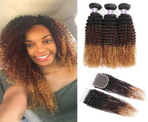 Ombre mänskliga hårbuntar med stängning brasiliansk hår kinky curly 1b430 Human Weave Bundles 3Bundles 3tone Non Remy Hair Extensio621138915