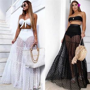 Swim Wear Summer Swimwear Women Maxi kjol se genom polka dot veckad retro baddräkt bikini täcker elastiska midjebadkjolar 240229