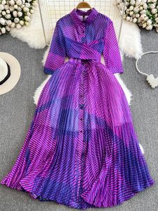 Casual Dresses Autumn Women Purple/Blue/Pink Patchwork Printed Pleated Long Dress Elegant Turn-Down Collar 3/4 Sleeve Single Breasted Robe