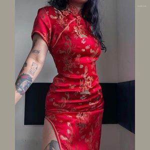 Etnisk kläder kinesisk stil klänning Jacquard satin cheongsam kvinnor sexig delad qipao traditionell knapp ner kvällsfest vestidos