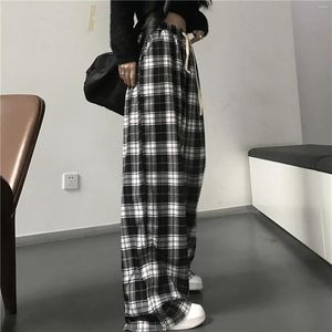 Women's Pants Oversized Black And White Plaid Women Casual Loose Drawstring Wide Leg Trousers Harajuku Straight Hiphop Streetwear