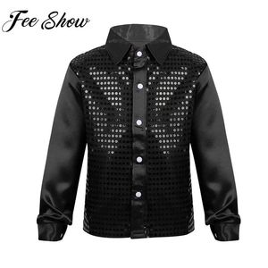 Kids Boys Jazz Street Tap Dance Shirts Stage Performance Dancewear Long Sleeve Shiny Sequin Top Children Cosplay Party Costume 240223