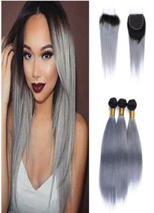 Chiusura in pizzo con tessuto vergine brasiliano bicolore 1b con fasci di estensioni dei capelli umani lisci Ombre capelli grigio argento con 2574086