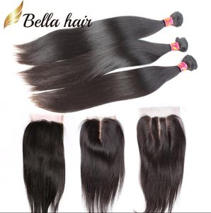 Splaty włosów z zamykaniem indyjskiego peruwiańskiego brazylijskiego Brazylijskiego nieprzetworzonego splotu Czarne jedwabiste proste Bellahair Bundles5349850