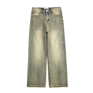 Vintage büyük boyutlu bölünmüş yapısökülmüş geniş kotlar erkekler için sarı çamur boyalı yıkanmış sıkıntılı geniş bacak kot bıyık denim pantolon 240228