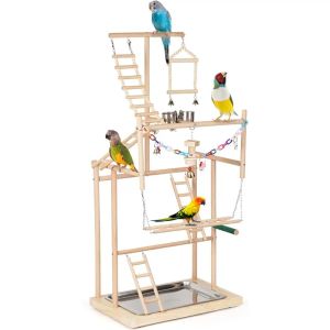 Poleiros edudif papagaio playstand papagaio poleiro suporte pássaro playground grande pássaro jogar suporte de madeira poleiro ginásio cercadinho escada (4 camadas)