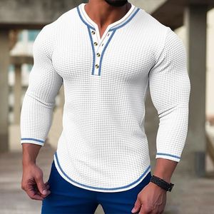 Mens Waffle Solid Color T-shirt Långärmad V-Cardigan Henry Neck Tee Tops Spring Autumn Comfort Comfort Elastic Shirt 240227