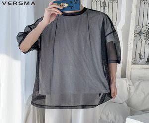 Japanese Trendy Mesh Sexy Transparent Tshirt Men Women Summer Vintage Short Sleeve BF Oversized Tshirt Male Drop8265713