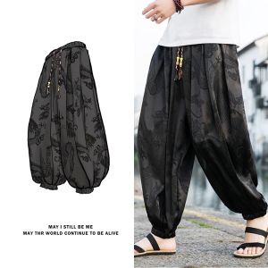 Pants Hot Sales Pants Men 2024 Ny Ice Silk Dragon Dark Flower Bloomers Loose Fashion Wide Leg Casual High Quality Mane Trousers Brand