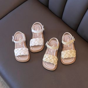 Toddler Shoes Girl Summer Braided Vacation Square Toe Cute Children Sandals Beige Yellow 21-36 Pu Leather Fashion Kids Sliders 240219