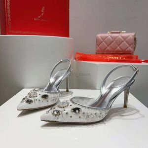 Rene Caovilla Sandals 패션 여성 포인트 발가락 랩 레이스 메쉬 크리스탈 장식 7.5cm 하이힐 드레스 신발 발목 스트랩 캐주얼 파티 디자이너 웨딩 신발 35-43