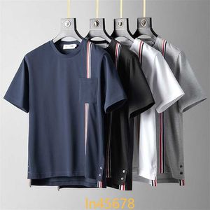 Mens T-Shirts TB FOG brand half-sleeve four-bar mens striped cotton summer round neck short-sleeved T-shirt casual trend couple wear 2024