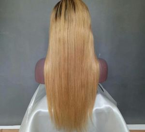 Dois tons de cor 1b 27 longo sedoso em linha reta cabelo humano perucas dianteiras do laço preplucked raízes pretas brasileiras ombre mel loira laço fron3826185