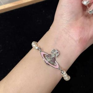 Designer Viviennes Westwoods Jewelry Empress Dowager Vivienne Enamel Full Diamond Saturn Pearl Bracelet Womens Classic Pink Planet Bracelet