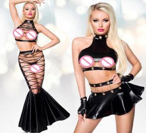 Set di reggiseni Costume da pole dance Set sexy da donna Catsuit con lacci PU Leather Clubwear Halter Scava fuori Top Gonna Wetlook Punk Nightclub7242391