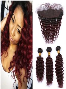 1B99J Burgundy Ombre Brazilian Deep Wave Frontal Closure Wine Red Dark Roots Curly Virgin Hair13x4 Full 7514961