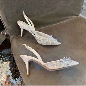 Rene Caovilla slingbacks dress shoes high heels crystal mesh lace sandals designer fashion women pointed toe wedding Shoes 7.5cm Rear void casual factory shoe