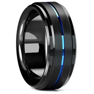 Anelli a grappolo Moda 8 mm in acciaio inossidabile nero per uomo Gioielli per fede nuziale con bordo a scala spazzolato con scanalatura sottile