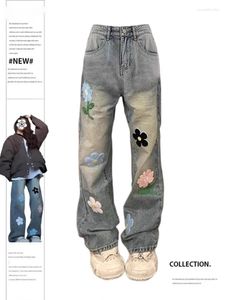 Kadınlar Kot Peained Wand Bol kadın nakış çiçek moda düz pantolon bahar yaz 2024 gündelik paspas kot pantolon y2k