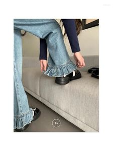 Kvinnors jeans gotiska höga midja denim byxor kvinnor chic ruffles ruffle fide ben kvinnliga kawaii y2k raka byxor