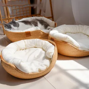 Paspaslar rahat dört mevsim evcil hayvan yatak kulübesi için kedi yavrusu köpek yatakları kanepe el yapımı bambu dokuma kedi rahat yuva evcil hayvan aksesuarları