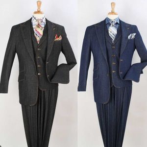 3-teilige Hochzeitsanzüge für Herren, Bräutigam, Smoking, Peaky Blinders, Denim, spitzes Revers, individuelle Größe, formeller Anzug, einreihig, 2 Taschen, Mantel + Weste + Hose