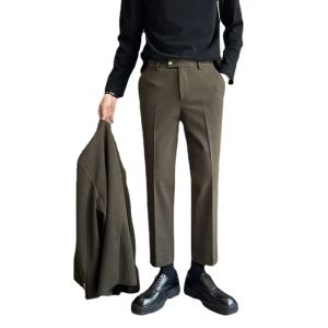 Pants Autumn Winter Wool Casual Pant Men Korean Streetwear Office Fashion Slim Fit Anklelength Suit Pants Man Trousers