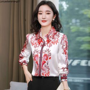 Moda de luxo contraste cor pista camisas mulheres designer estilo rua blusa de seda primavera outono escritório senhora elegante formal impressão botão até camisa tops de cetim