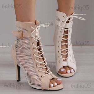 Sandalet Sandalyas Mujer 2023 Yeni Yaz Kısa Botlar Hollow Lace-Up Örgü Peep Toe İnce Topuk Yüksek Topuklu Dans Partisi Sandalet Kadınlar Büyük 43 T240301