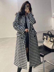 Houndstooth ceket kadınları vintage sahte yün palto kadın sonbahar kış kalın sıcak ceket bayanlar kore moda uzun karışım katlar