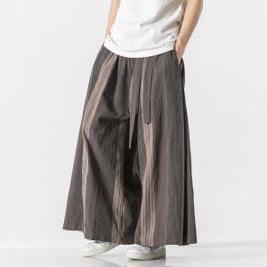 Pants 2022 Men Striped Linen Wide Leg Pants Men Cotton Joggers Retro Trousers Chinese Style Skirt Pants Male Crotch Nepal Robe Pants