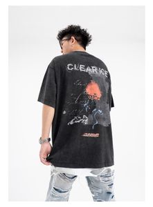 Heavyweight Washed High Street American Vintage Letter Print Short Sleeve Round Neck Loose T-shirt