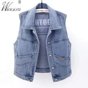 Waistcoats överdimensionerad 5xl klassisk kort denim Vest Women Casual broderi Jean ärmlösa jackor Lapel vår sommarblå cowboy chalecos