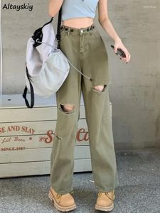 Kvinnors jeans hål kvinnor armé gröna vintage streetwear våren lös casual all-match rak bf studenter enkel unisex ulzzang