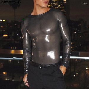 Men's T Shirts Stylish Casual Style Tops INCERUN See-through Mesh T-shirs Sexy Male Thin O-neck Long Sleeved Camiseta S-5XL 2024