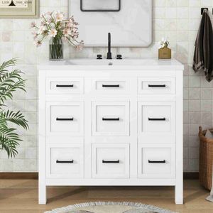 Badrumsvaskar Krattor Badrum Vanity Med Sink 4 Drawers och 2 Doors Q240301