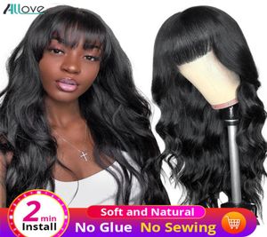 Allove Brazilian Body Wave Loose Deep Curly Human Hair Wigs with Bangs Peruvian Straight Kinky Curly None Lace Wigs Indian Hair Ma9502978