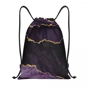 Shopping Bags Purple And Gold Agate Drawstring Backpack Women Men Sport Gym Sackpack Portable Marble Geometric Training Bag Sack